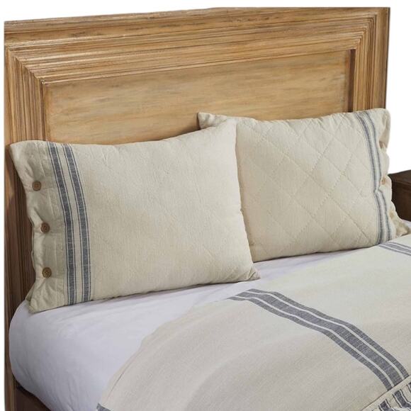 New in Packages Cotton Quilted Natural King Shams Blue Stripes Buttons - Picture 2 of 8